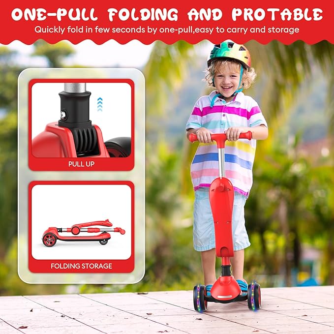 Kids Kick Scooter,Adjustable Height Handlebars and Removable Seat Scooters for Kids,3 Lighted Wheels Anti-Slip Deck Toddler Scooter for Boys & Girls Aged 3-12 up to 132 Lbs.
