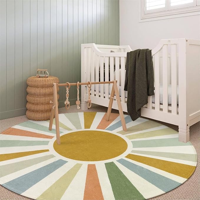 STARUIA Boho Sun Round Area Rug for Living Room, 6 Ft Washable Nursery Rug for Playroom, Colorful Circle Rugs for Kids Bedroom, Non-Slip Circluar Carpet Soft Large Kid Rug for Classroom Dorm