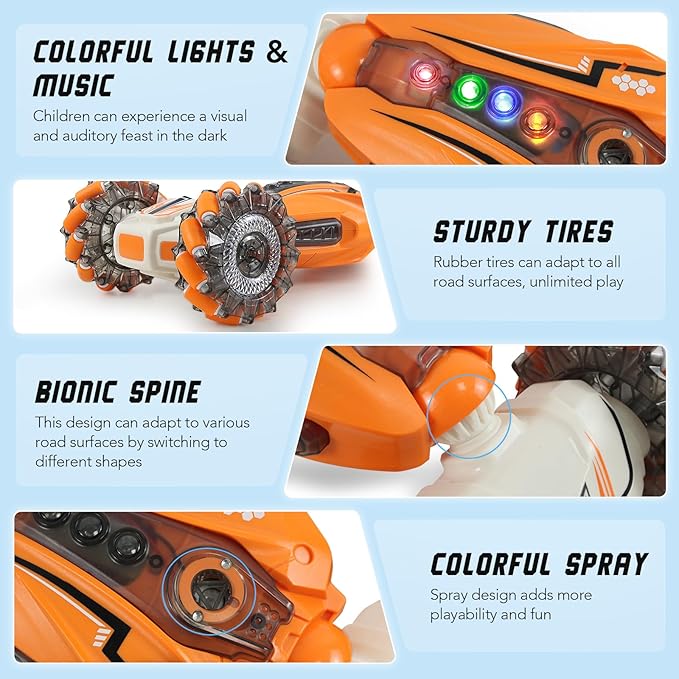 Gesture Sensing RC Car Hand Controlled Remote Control Car with Spray, 2.4Ghz All Terrain Remote Toy C-ar for Kids, Transformed Vehicle 360° Spins LED Present Speedcar for 3-12yr Boys Girls Orange