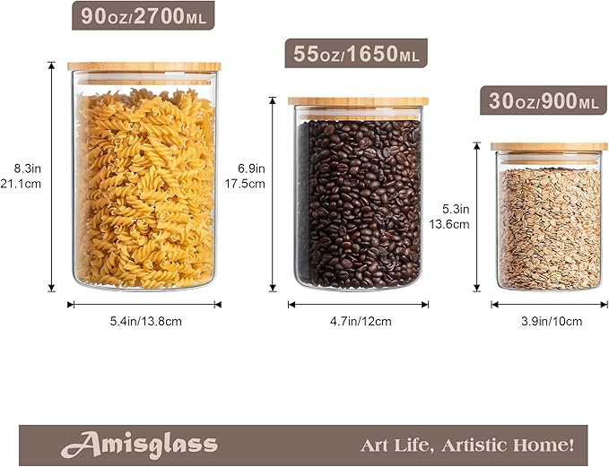 Glass Storage Containers with Wooden Lids, Airtight Jar for Kitchen Countertop Set of 3, Pantry Flour and Sugar Canisters for Candy, Cookie, Rice, Coffee Beans, Snacks, Spices