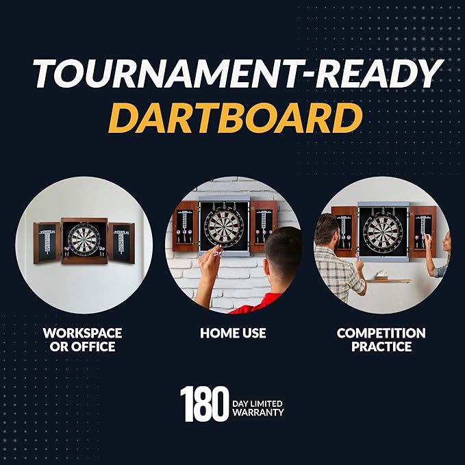 Hathaway Geneva Dartboard and Cabinet Set - Includes 18-in Dartboard, Steel-Tip Darts, Chalk Scoreboards - Perfect for Family Game Rooms, Basements, Home Bars, Wood Grain/Black/Gray