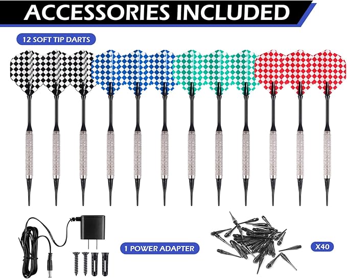 WIN.MAX Electronic Dart Board Cabinet Set, LED Electric Digital Soft Tip Dart Boards for Adults with Cabinet, up to 16 Players, 38 Games and 211 Variations with 12 Soft Tip Dartboard Set