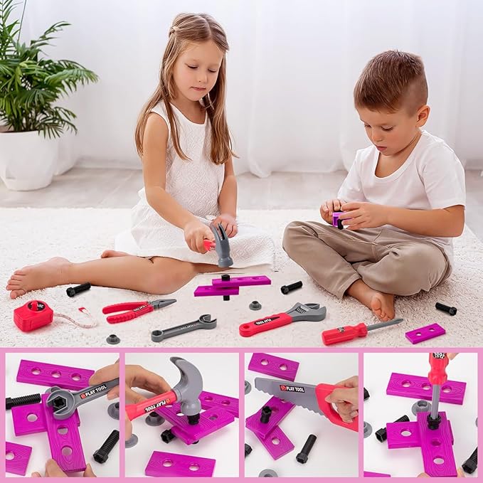 LOYO Kids Tool Set - Toddler Tool Set with Kid Tool Belt Tool Box & Electronic Toy Drill, Kids Construction Toys for Girls Boys Gift for Toddlers Girls Ages 3 , 4, 5, 6, 7 Years Old
