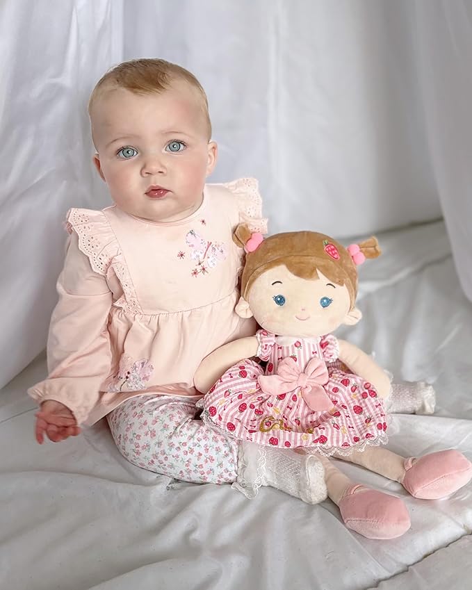 Soft Baby Doll Toys (16''), My First Baby Rag Doll for 1 Year-Old Girl Birthday Gift, Christmas Plush Toys Gift for Toddler Kids Infants-Strawberry-Girl