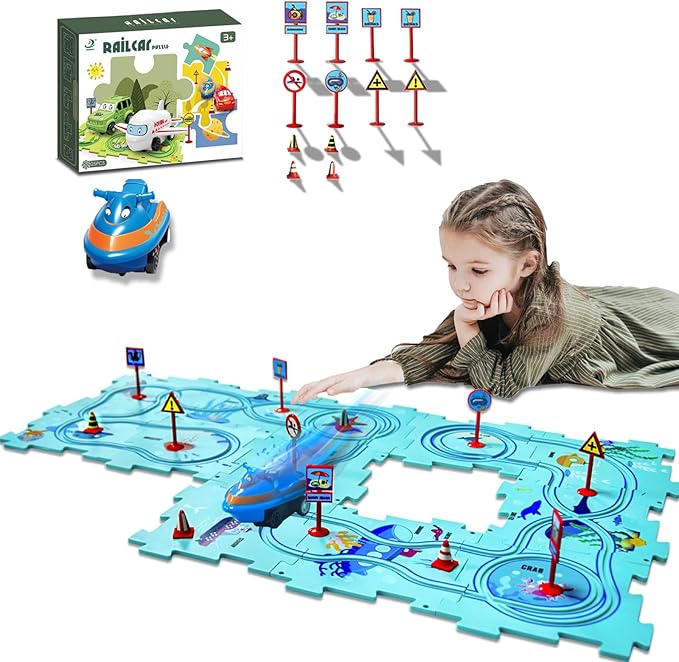 4 Year Old Boy Birthday Gift, Puzzle Racer Kids Car Track Set Puzzle Racer Car Track Set with Roadmap Puzzle Track Car Play Set Toys for 4 Year Old Boys (A-Oceans, Set1-25pcs)