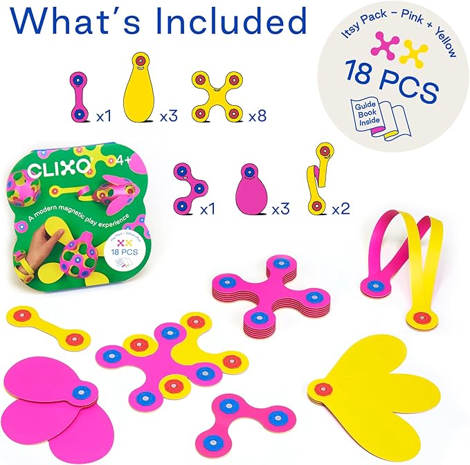 Clixo Itsy Magnetic Toy for Kids - Flexible, Durable, Imagination-Boosting Magnet Building Toy. Educational Multi-Sensory STEM Experience. Great as a Travel Game. Ages 4-99. 18 Piece Pack