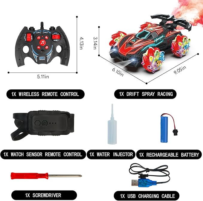 RC Gesture Sensing Stunt Car, with Spray, Light & Music, Best Toy for Boys 6-12 Years Old 360° Rotating 4WD Remote Control Transforming 2.4Ghz Manual Control Car Birthday Present (Red)