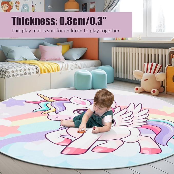 Round Rug for Kids Room Unicorn Circle Rugs for Bedroom Kids Rugs for Playroom Girls Cute Cartoon Carpet Living Room Dining Room Decor 47x47 inch