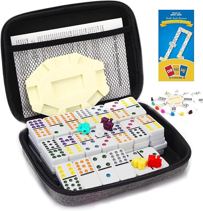 Double 12 Mexican Train Dominoes Set with 91 Colored Tiles, Travel Game with Portable Case, Classic Board Game for Family Nights for Kids and Adults