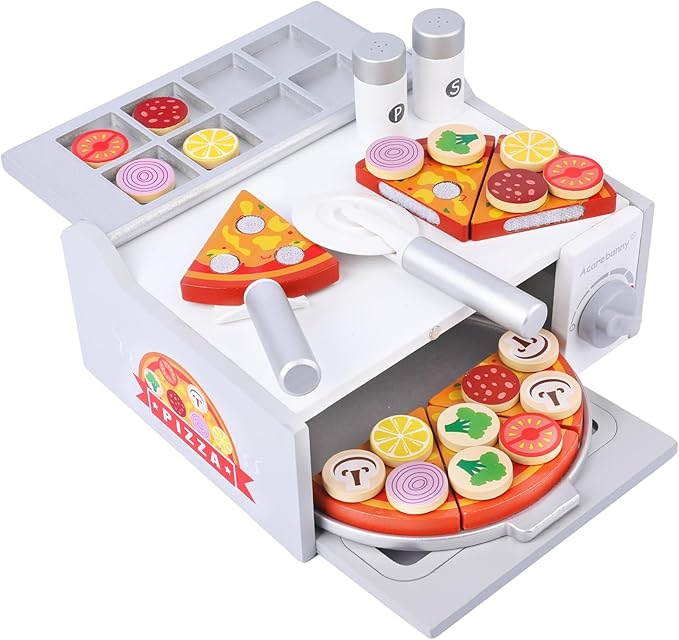 Wooden Pizza Toy for Kids, Toddlers Pizza Counter Playset, Pretend Play Food Set Kitchen Accessories with Bake Oven, Gifts for 3 4 5 6 Years Old Boys Girls