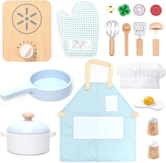 UMU® Wooden Kids Cooking Set – 18-Piece Pretend Play Kitchen Toy with Pots, Pans, Play Food, Utensils, Apron & Chef Hat – Montessori Role Play Set for Toddlers and Children Age 3 4 5 Years