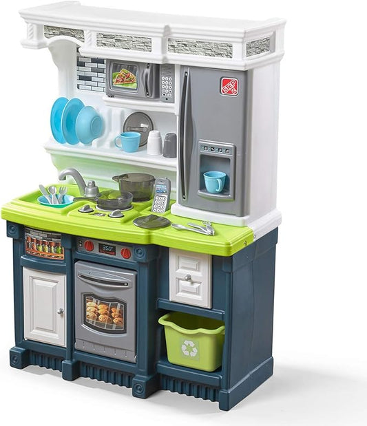 Step2 Lifestyle Custom Kids Kitchen Playset, Indoor/Outdoor Kitchenette, Interactive Play with Lights and Sounds, Made of Durable Plastic, 20 Piece Toy Accessories, Toddlers 2+ Years Old, Blue