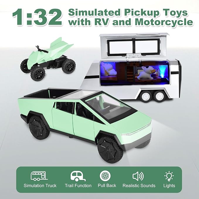 3-in-1 Cybertruck Pickup Sets with RV and Motorcycle，Cyber Truck Pickup Toy with Sounds and Lights, 1/32 Diecast Truck for Kids 3 Year Old and Up, Christmas Birthday Gifts for Boys Girls (Green)