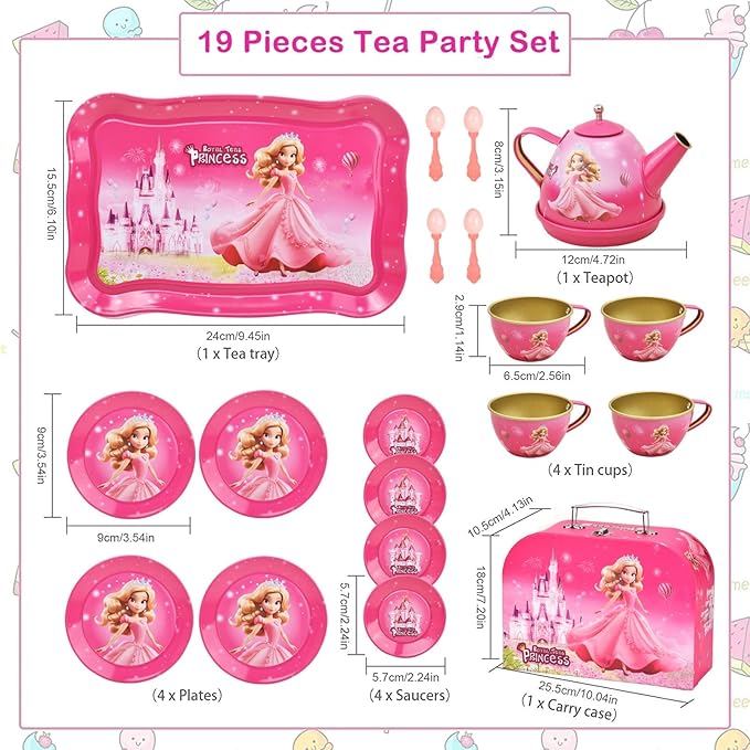 19-Piece Princess Tea Party Set for Girls, Pretend Play Tin Tea Set with Carrying Case, Kids Party Toys for 3-6 Year Olds