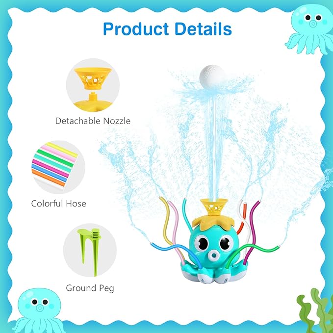 MoKo Water Sprinkler Baseball Toy for Kids Outdoor Play, 2 in 1 Octopus Baseball Water Games for Boys Girls, Yard Sprayer Sprinkler, Toddler Outdoor Toys for Backyard Garden Lawn Pool, Sky Blu Octopus