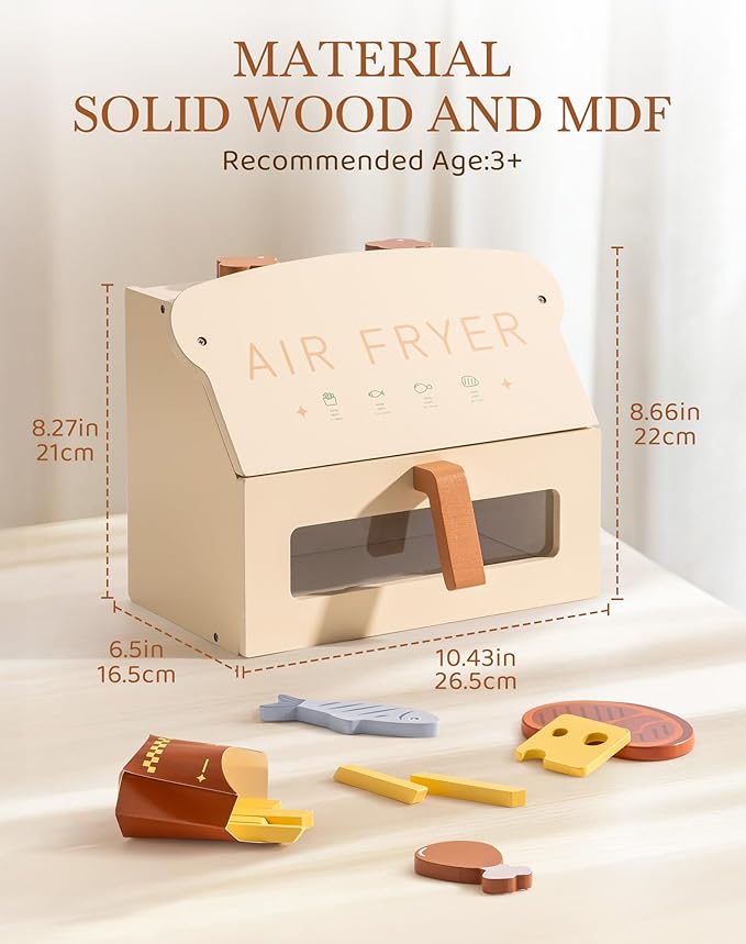 ROBOTIME Wooden Toy Air Fryer for Kids, Play Kitchen Accessories, Wooden Kitchen Play Food Set, Pretend Cooking Toys for Toddlers Kitchen Set, Role Play Gift for Boys & Girls