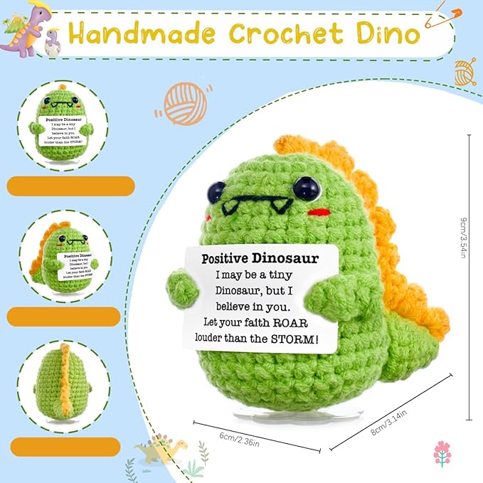 Funny Easter Basket Stuffers Positive Crochet Stuffed Animals Dinosaur, Stress Relief Gifts for College Student Graduation Boyfriend Husband Women Birthday Desk Decor (Dinosaur Set)