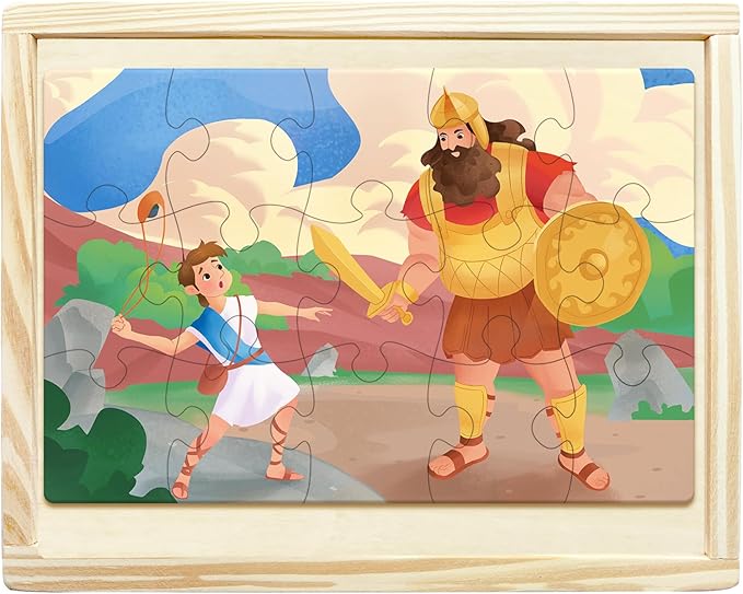 Bible Puzzles for Kids, 4-in-1 Wooden Jigsaw Puzzles in Box 15 Piece Each, Christian Religious Toys for Kids, Noah’s Ark | Daniel in The Lion’s Den | David and Goliath (Old Testament)