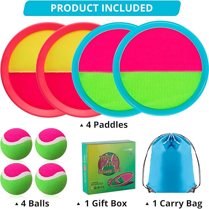 Outdoor Games for Kids - Toss and Catch Ball Set with 4 Paddles, 4 Balls, and 1 Storage Bag, Yard Games for Boys and Girls, Ages 4-8