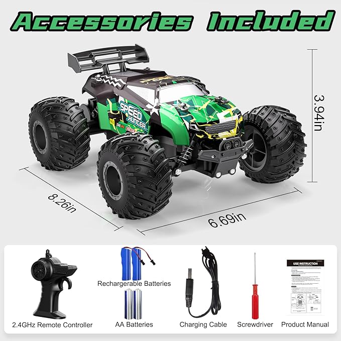 Remote Control Car RC Cars All Terrain Monster Truck, Outdoor 2WD Off Road Hobby RC Truck with 2 Rechargeable Batteries and Colorful Light, 20Km/h Fast RC Car Toys Gift for Kids Boys