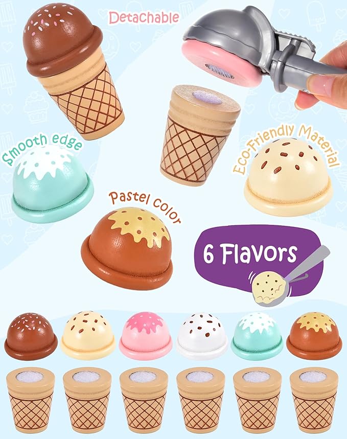 Toyssa Wooden Ice Cream Toys Play Set for Toddlers 3-5, Pretend Play Store Kids Kitchen Accessories with Scoop & Menu & Play Money, Christmas Birthday Gifts for Girls Boys 3 4 5 6 Year Old
