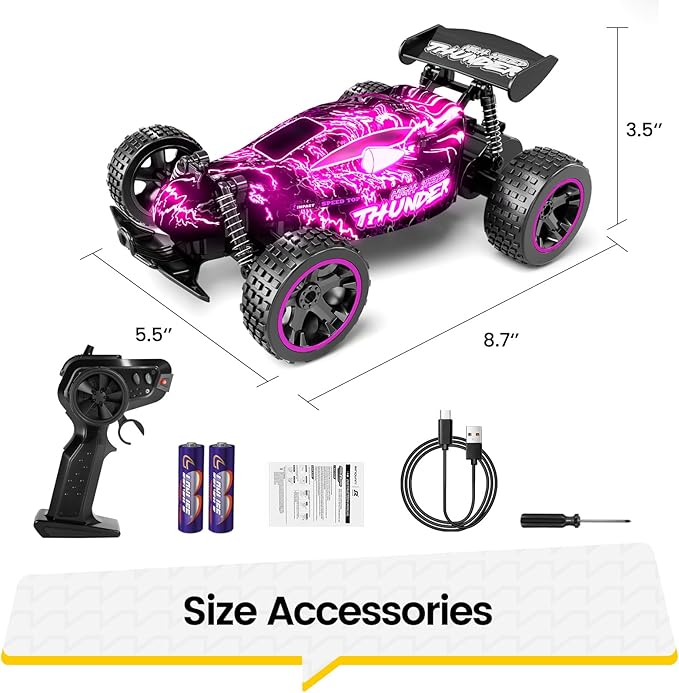 Tecnock RC Cars for Girls and Boys, 1:18 Scale Remote Control Car with USB-C Easy Charging, Rechargeable Battery for 50-Min Play, 2WD RC Racing Car with LED Lights, Toys Gifts for Kids