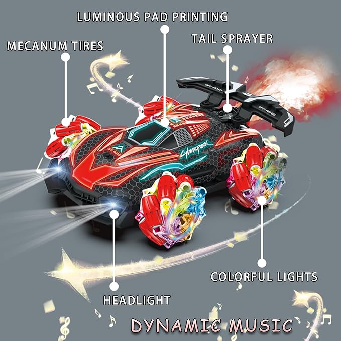 RC Gesture Sensing Stunt Car, with Spray, Light & Music, Best Toy for Boys 6-12 Years Old 360° Rotating 4WD Remote Control Transforming 2.4Ghz Manual Control Car Birthday Present (Red)