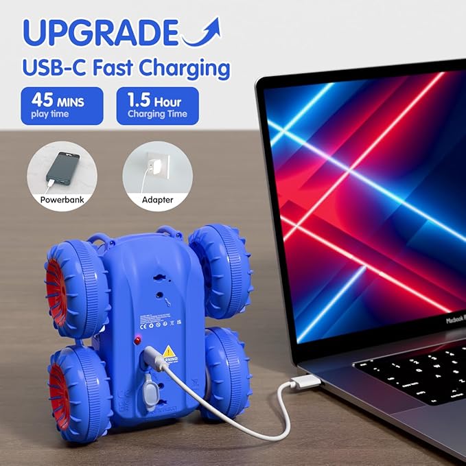 Remote Control Car, Fast Direct Charging RC Cars Amphibious 360° Rotating LED Rechargeable Stunt Car 2.4Ghz 4WD All Terrain RC Race Cars Toy Christmas Birthday Gift for Kids Boys Girls Aged 3-12 years