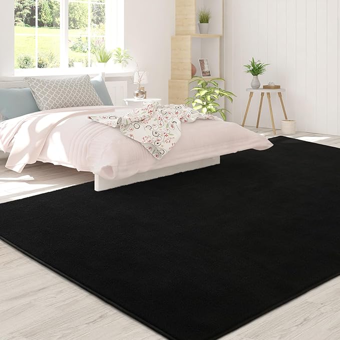FlyDOIT Area Rugs for Bedroom Living Room, 7x10 Black Super Soft Comfy Thickened Memory-Foam Indoor Carpets, Modern Aesthetic Minimalist Carpet for Boys Girls Adults Apartment Nursery Home Décor