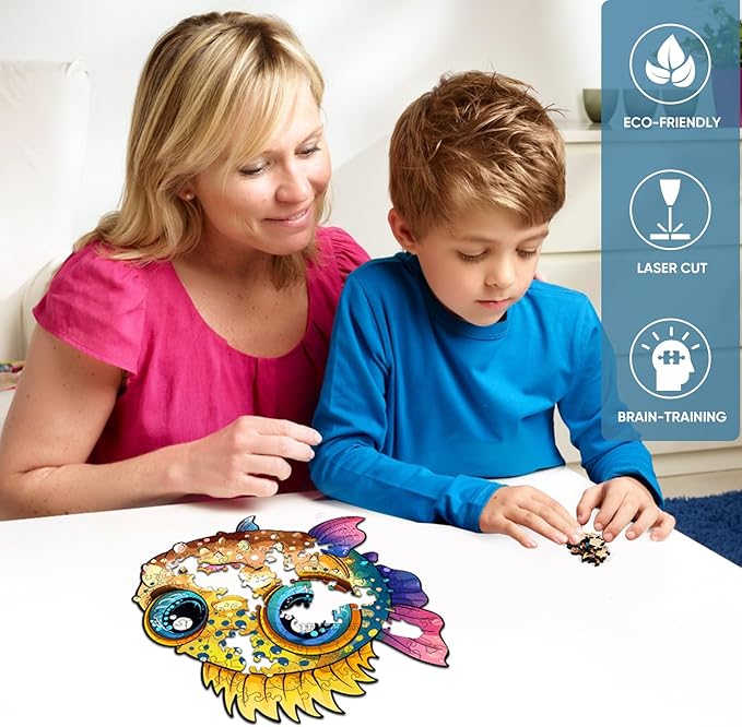 Fish Wooden Puzzles for Kids,100 Pieces Unique Shaped Jigsaw Puzzles for Adults and Children,Family Game,Birthday and Children's Day Gifts,7.67x8.4 Inches