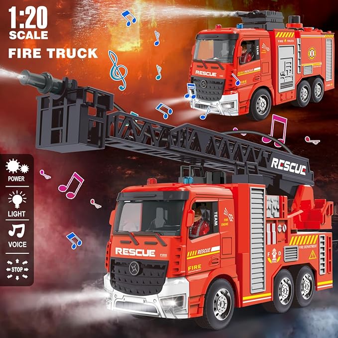 Remote Control Fire Truck, RC Fire Truck Toy Set, 2 Firetruck with Fire Extinguisher, 2 Dolls, 4 Traffic Cones, Lights, Sounds, Extendable Rescue Ladder, Firetruck Toy for Boys Kids