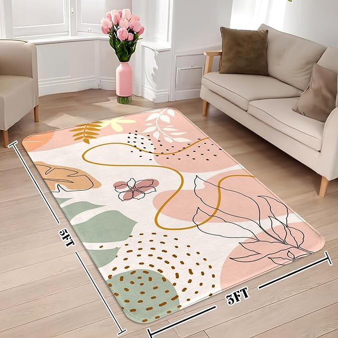 3x5 Boho Entryway Rug, Boho Flower Area Rugs for Girl Bedroom, Abstract Floral Pink Carpet for Living Room, Washable Kids Nursery Rugs for Classroom Decor Non-Slip Kids Playroom Rugs Mats for Floor