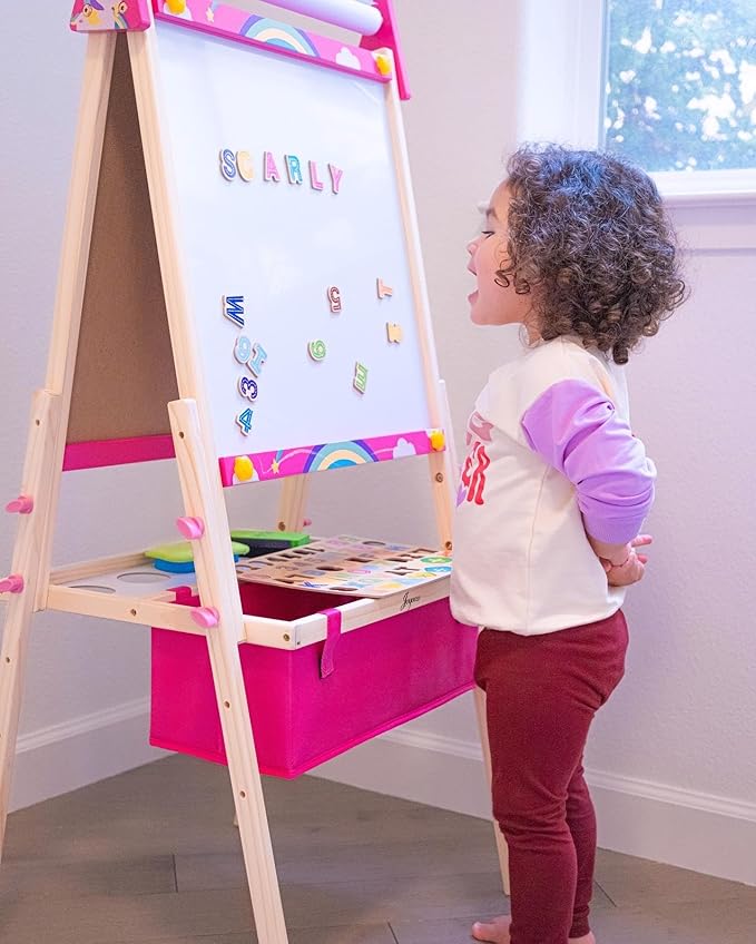 Joyooss Art Easel for Kids & Toddlers, Adjustable Painting Station - Wooden Easel with Whiteboard & Chalkboard for Ages 4-12