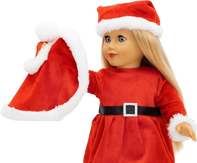 Playtime by Eimmie 18 Inch Doll Clothes and Accessories - Christmas Holiday Dress with Matching Santa Hat & Shawl - Clothing Sets & Stuff - Fits American, Generation & Similar 18” Dolls for Girls