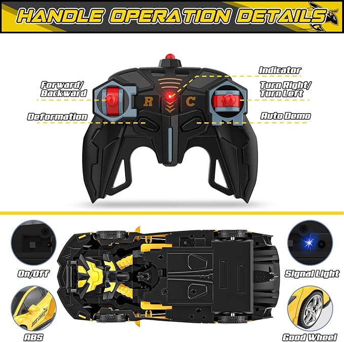 BLUEJAY Transform Rc Cars for Boys 4-7 8-12, 2.4Ghz Remote Control Car 1:18 Scale Transforming Robot, One-Button Deformation 360° Rotation Car Toy Gifts for Boys 3-5 (Bee)