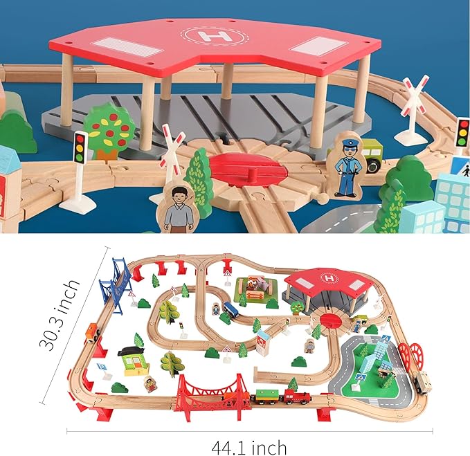 Qilay 140 Pcs Wooden Train Set, Delux Toddler Train Set Railway Kits for Kids, Premium Wood Friendly Building Construction City Train Tracks Toy for 3,4,5 Year Old Boys and Girls