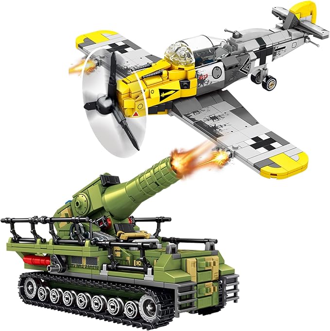 WW2 Military Toy Plane Building Block Set, Compatible with Lego, Create The Karl Giant Mortar Tank & BF109 Fighter Plane, Perfect Army Airplane Toy Gift for Boys, and Teens Aged 8-14 (1015 Pieces)