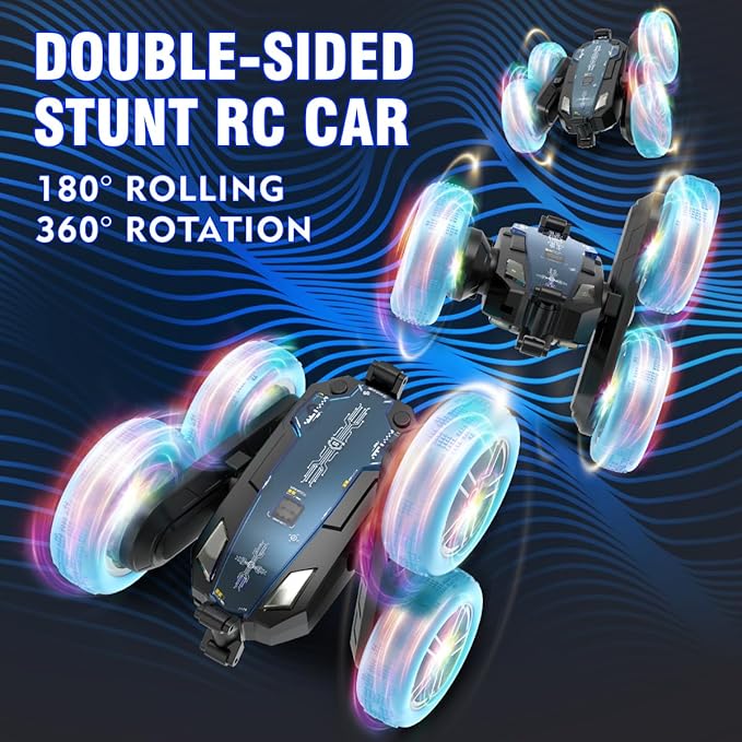 Remote-Control-Car-Stunt-RC-Car, New Upgraded 2.4Ghz 4WD Double-Sided 360° Rotating RC Crawler with Headlights & Wheel Lights, RC Truck Toy Cars Gift for Kids Boys and Girls Aged 6-12