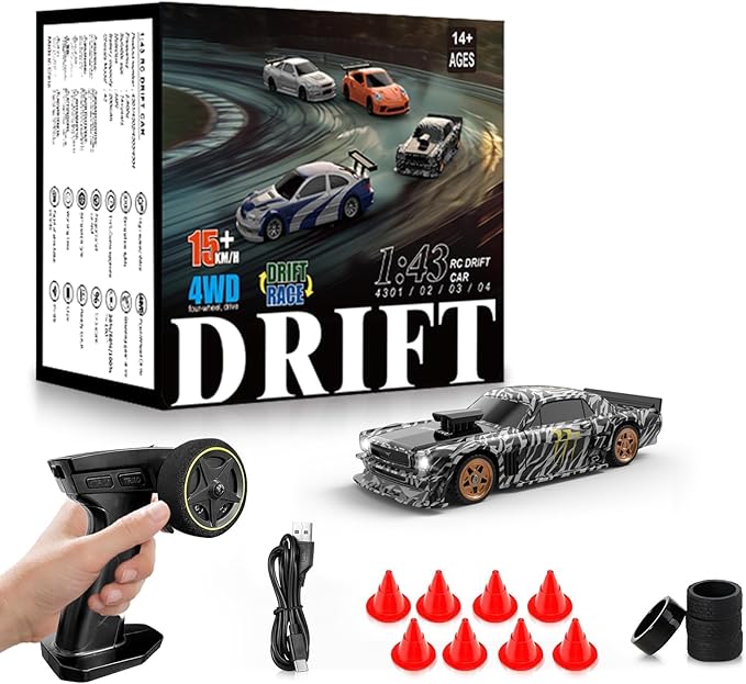 RC Drift Car, 1/43 Mini RC Drift Car with Gyroscope, 2.4GHz Full Proportional Remote Control Cars, 4WD High Speed Racing with Lights, Racing Tires, Model Cars Gift for Adults, Kids, Boys, Girls