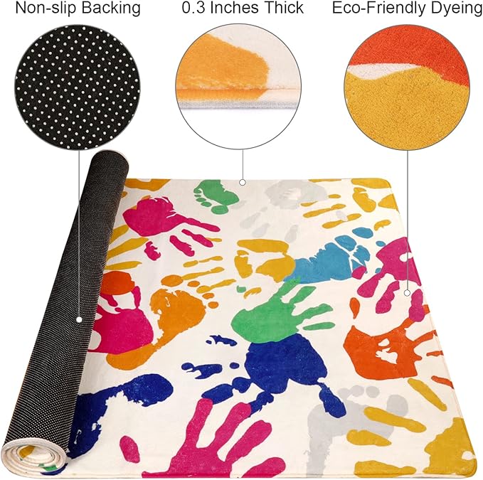 STARUIA Handprints and Footprints Kids Rug for Playroom, 3'x5' Washable Colorful Nursery Rug for Boys and Girls Room, Ultra Soft Non-Slip Carpet Indoor Mat for Classroom Bedroom