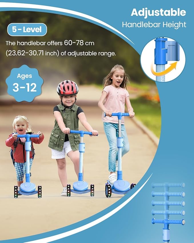 2-in-1 Adjustable Kick Scooter for Kids 3-5 (Suitable 3-12 Years),5-Level Handlebar & Removable Seat, LED Light-Up Wheels, Wide Deck, Foldable Design for Indoor/Outdoor Use - Girls & Boys