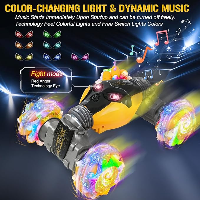 RC Cars Gesture Remote Control Car with Light Music 1:12 Hand Controlled Rc Car 2.4GHz 4WD Rc Stunt Car Gesture Sensing Double Sided 360° Rotation Off-Road Vehicle for Boys Girls(Yellow,Pro)