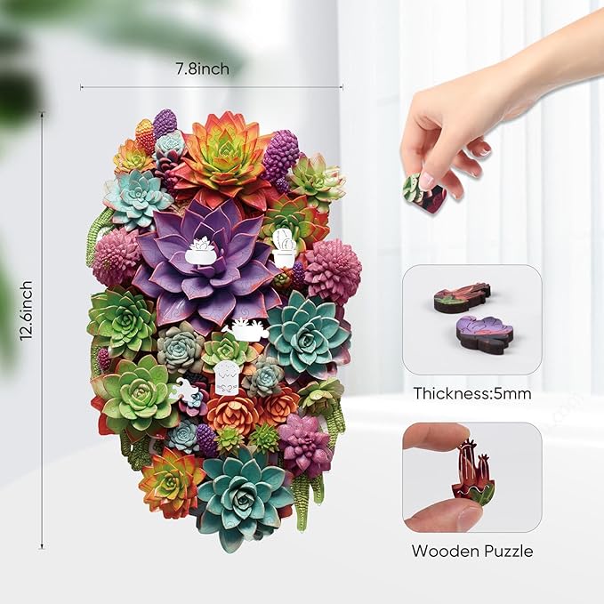 Succulent Waterfall Wooden Puzzles, 1000 Pieces Jigsaw Puzzles 28.1'' x17.3'', Unique Design Liberty Wooden Puzzles for Adults and Kids, Family Game Gift Medium Size