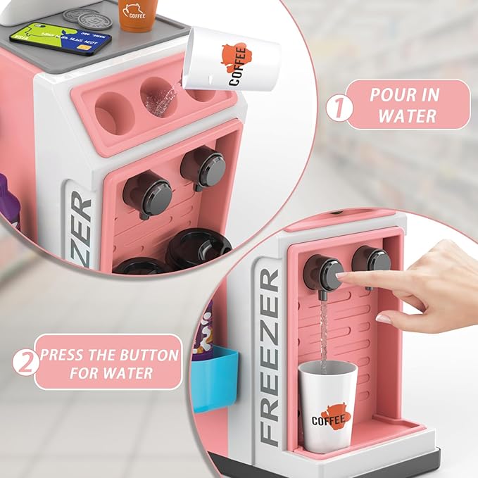 46PCS Cash Register Playset for Kids Pretend Play Coffee Machine with Water Outlet Function, Mini Supermarket Grocery Store with Money, Scanner,Play Foods, Gift for Boys and Girls (Pink)