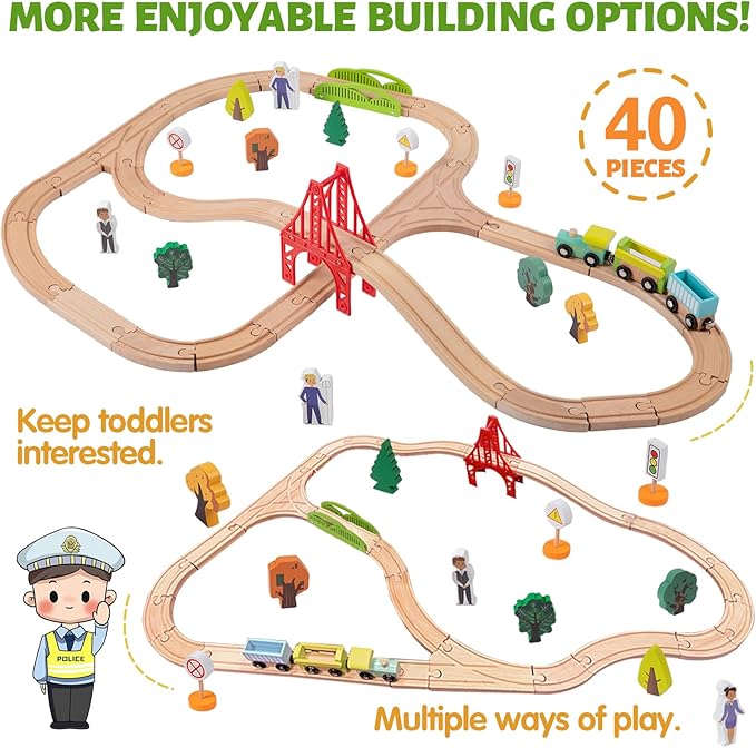 40 Pcs Wooden Train Set for Kids Ages 4-8, Wood Train Track with Magnetic Toy Train Accessories for Toddlers 3-5 Year Old Boy & Girl, Railway Set Road Sign Fit Major Brand Christmas Toy