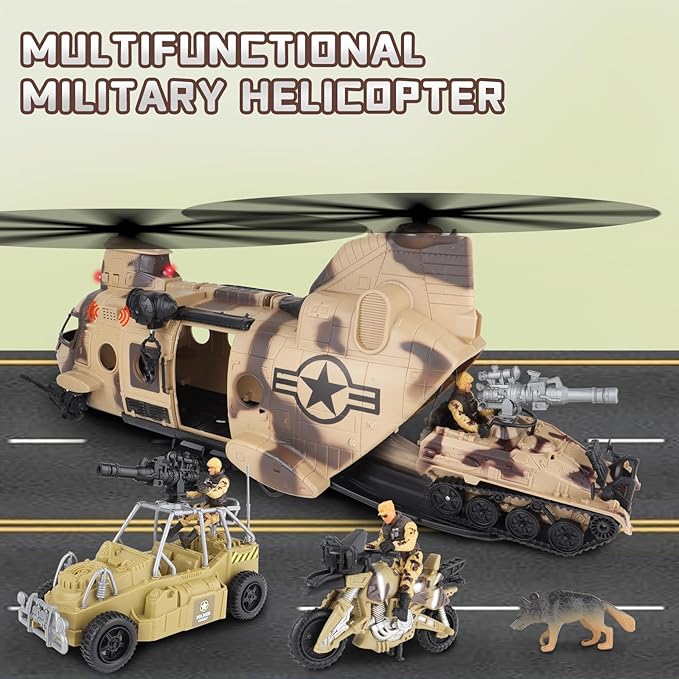 deAO Military Helicopter Toys Set Army Men Playset, Army Toys with Soldier Action Figures, Combat Truck, Motorcycle, Army Tank, Aircraft with Lights&Sound, Christmas Birthday Gifts for Kids Boys