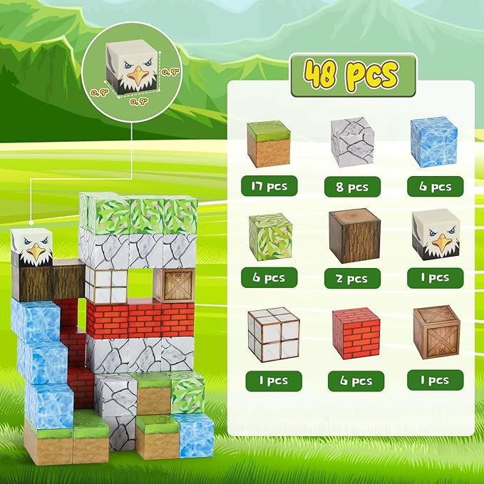 Magnetic Blocks - 48PCS Magnets Building Blocks World Set for Kids Ages 3-5 5-7 8-12, Magnetic Tiles Games Preschool Toys for 3 4 5 6 7 8 Year Old Girls Boys Gifts