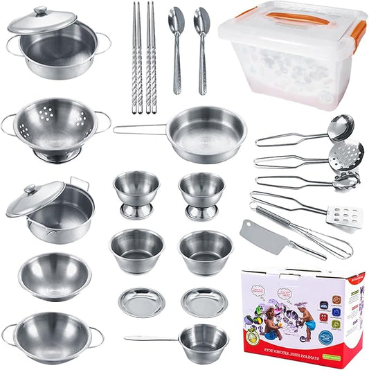 Mini Size Kids Kitchen Pretend Play Toys Accessories with Stainless Steel Cookware Pots and Pans Set,Classic Kitchen Accessories Cooking Utensils Set Tiny Role Play Cooking Play Toy for Kids Toddlers