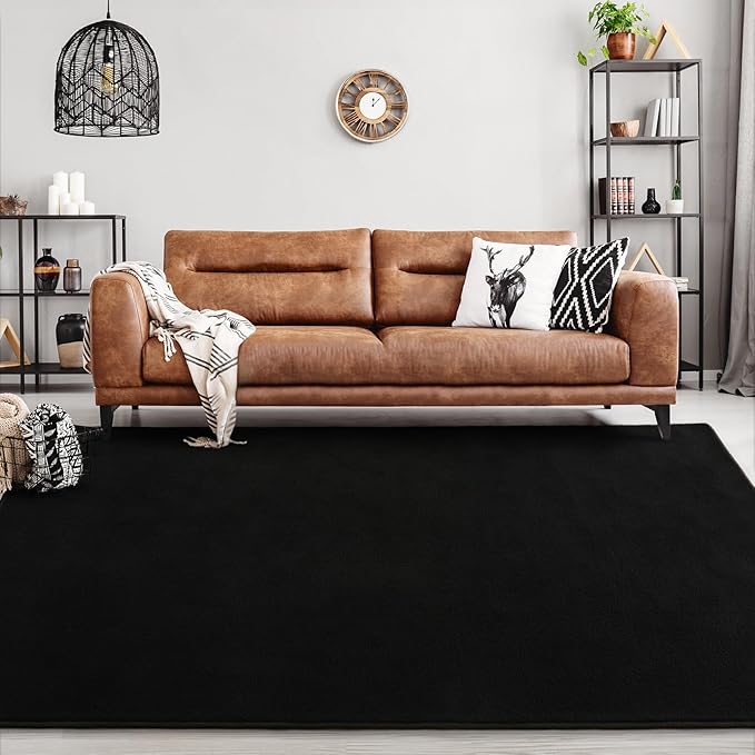 FlyDOIT Area Rugs for Bedroom Living Room, 7x10 Black Super Soft Comfy Thickened Memory-Foam Indoor Carpets, Modern Aesthetic Minimalist Carpet for Boys Girls Adults Apartment Nursery Home Décor