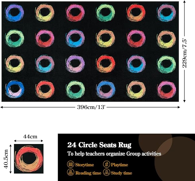 STARUIA Big Classroom Rug Educational Area Rug for Kids Room, 7.5x13 Abstract Black Carpet with Colorful Handpainted Circles, Stain-Resistant High-Traffic Kids Playroom Rugs for Elementary